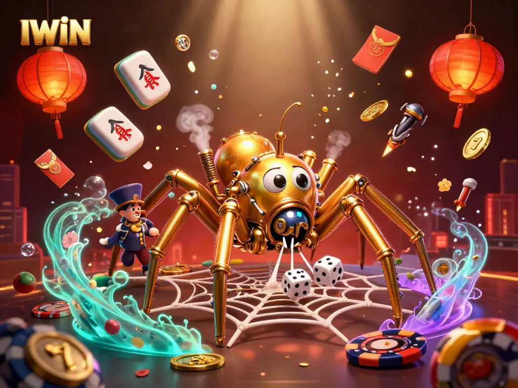 IWIN spins luck with vibrant casino elements featuring a steampunk spider and playful game symbols.