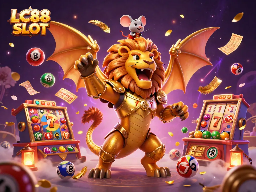 Experience thrilling gameplay with LC88 SLOT as golden symbols and dynamic elements elevate the excitement in this vibrant scene.