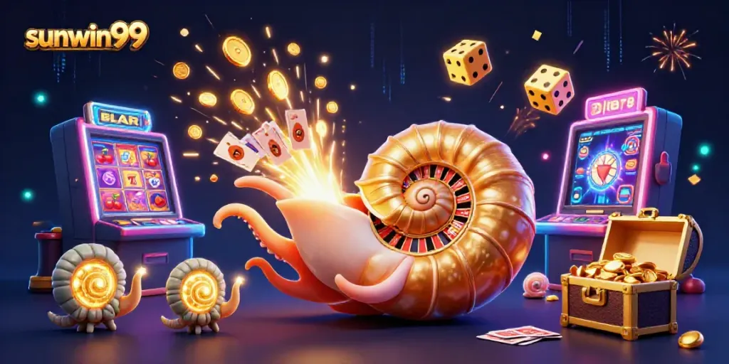 Experience the excitement of sunwin99 with a 3D illustration showcasing a giant nautilus as a roulette wheel surrounded by a jackpot