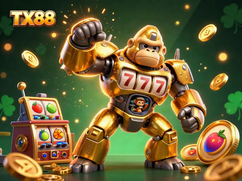 Experience the thrilling excitement of TX88 with a golden mech smashing jackpots and spinning slot machine reels.