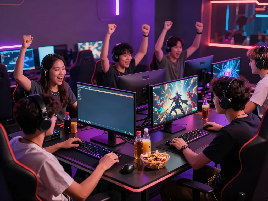 Gamers at https://hitclubt3.com/ celebrating victories in an energetic gaming environment.
