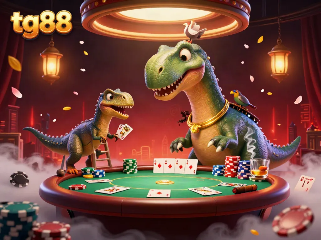 Experience an exciting game with tg 88 at a vibrant casino featuring a giant brontosaurus, raptor dealer, and dynamic poker atmosphere.