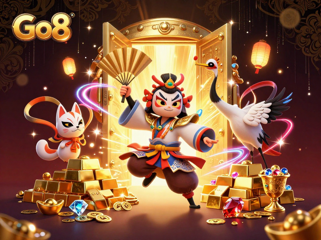 Experience the excitement at Go8 with vibrant 3D illustrations of kabuki-themed casino adventures.