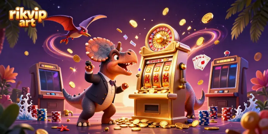 Experience rikvip art with cartoon dinosaurs celebrating a jackpot in a vibrant casino setting.