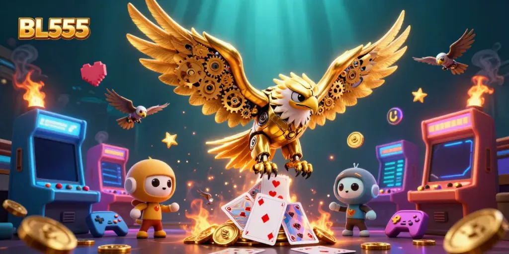 Experience the thrill of BL555 with a golden eagle diving through a vibrant casino scene.