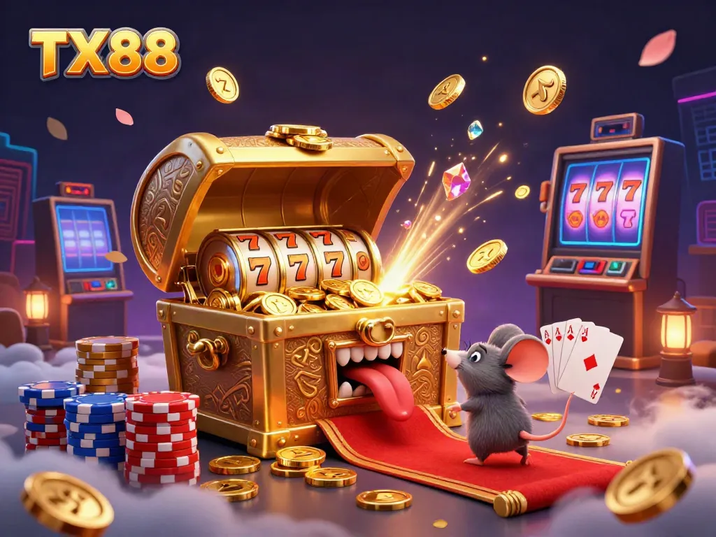 Experience the thrill of TX88 with a vibrant treasure scene featuring gold coins and lively slot action.