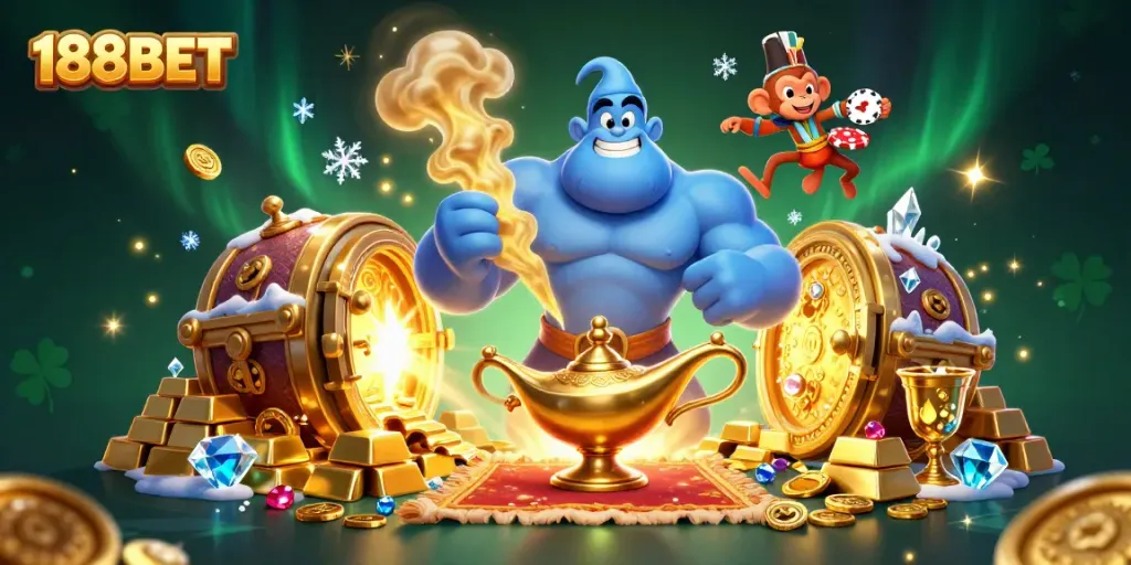 Experience the adventure of 188BET with a magical genie in a vibrant casino scene.