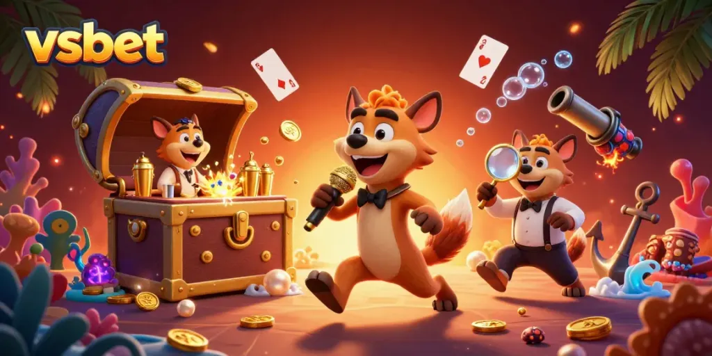 Experience gaming excitement with vsbet's vibrant 3D hyena casino club scene featuring comedy and drinks.