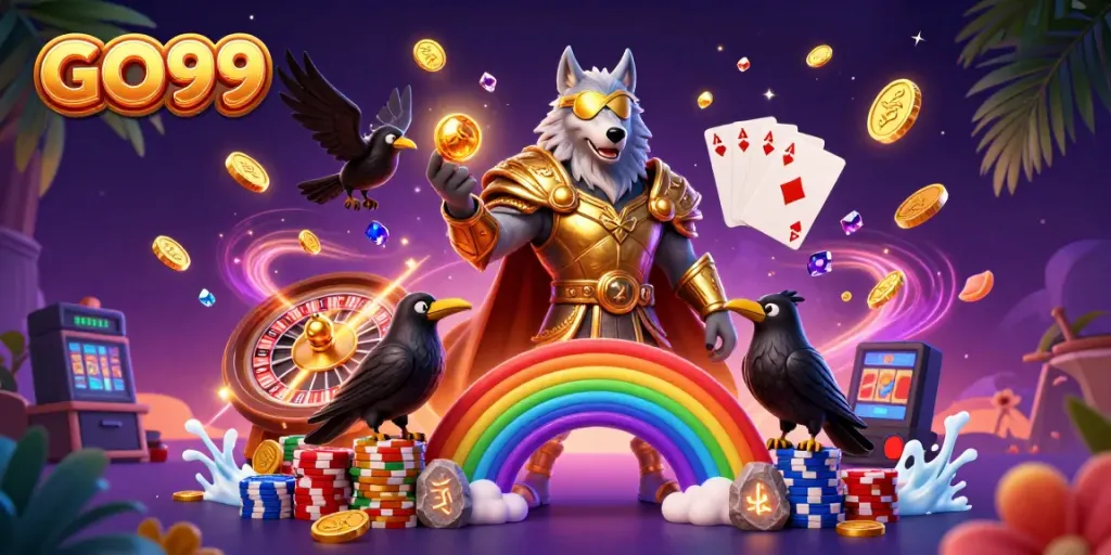 Experience the excitement of GO99 with Odin and ravens in a vibrant casino setting.