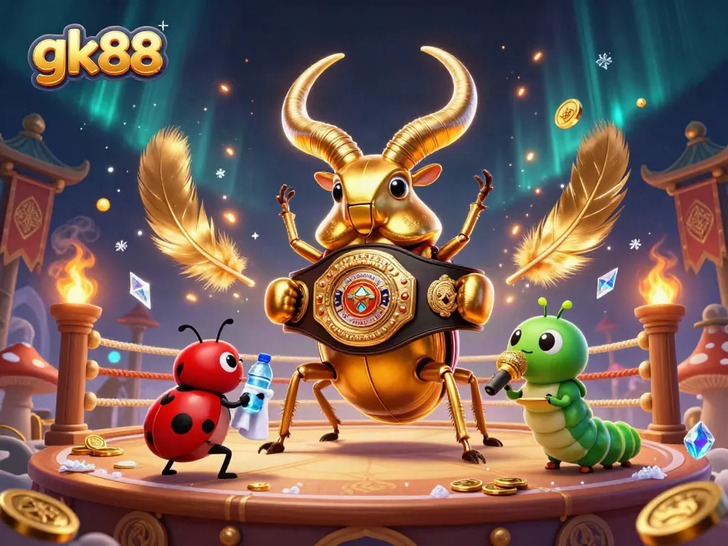 Engage with gk88, a spectacular display of a golden stag beetle in a boxing match themed around casino excitement.