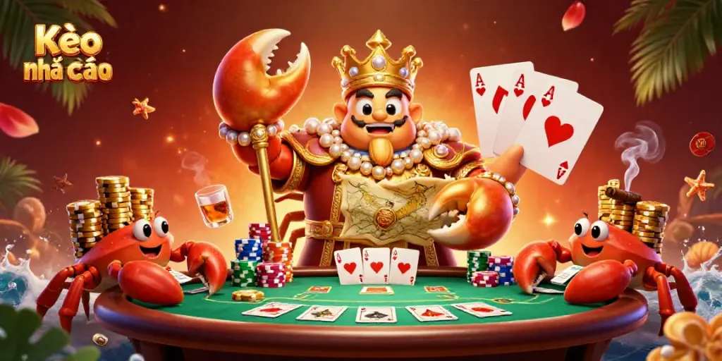 Engage with Kèo nhà cái by witnessing an emperor crab presiding over a lavish poker scene with golden chips.