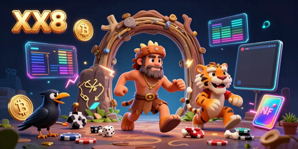 Experience the thrill of XX8 as caveman and tiger rule a prehistoric casino with vibrant gaming elements.