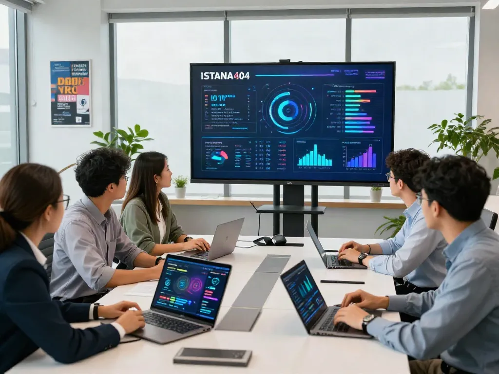 Engaging professionals at ISTANA404 discussing business and technology trends, showcasing collaborative workspace.