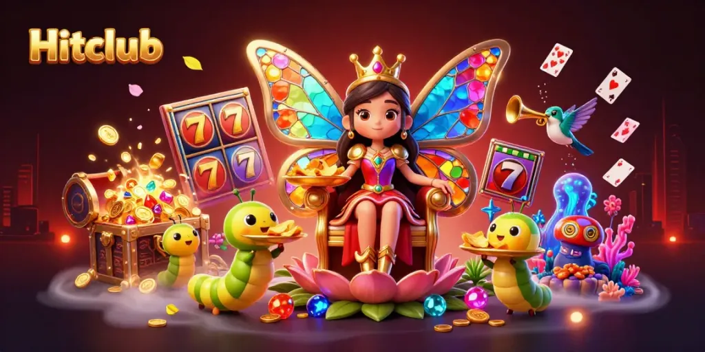 Experience the excitement of Hitclub with a colorful casino scene featuring a butterfly queen and gaming elements.