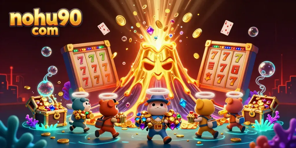 Experience the excitement at nohu90 com with a lively scene of a golden volcano and treasure in a casino-themed underwater adventure.