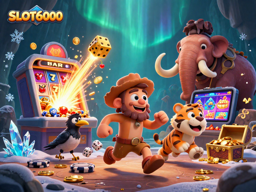 SLOT6000 offers thrilling action with a jackpot bursting from a colorful slot machine.