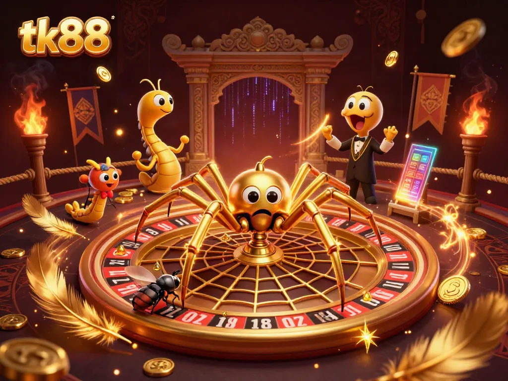 tk88 spider spins a roulette web with vibrant casino energy, featuring unique characters and elements