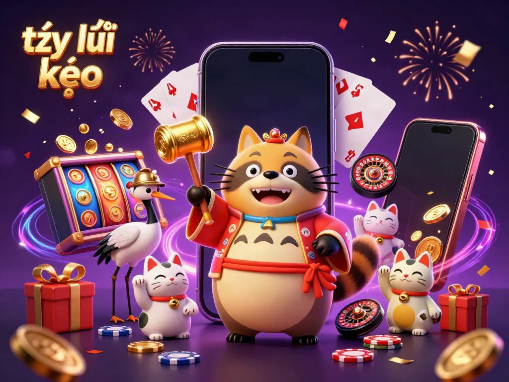 Experience thrilling tỷ lệ kèo with dynamic 3D characters celebrating in a casino-themed illustration.
