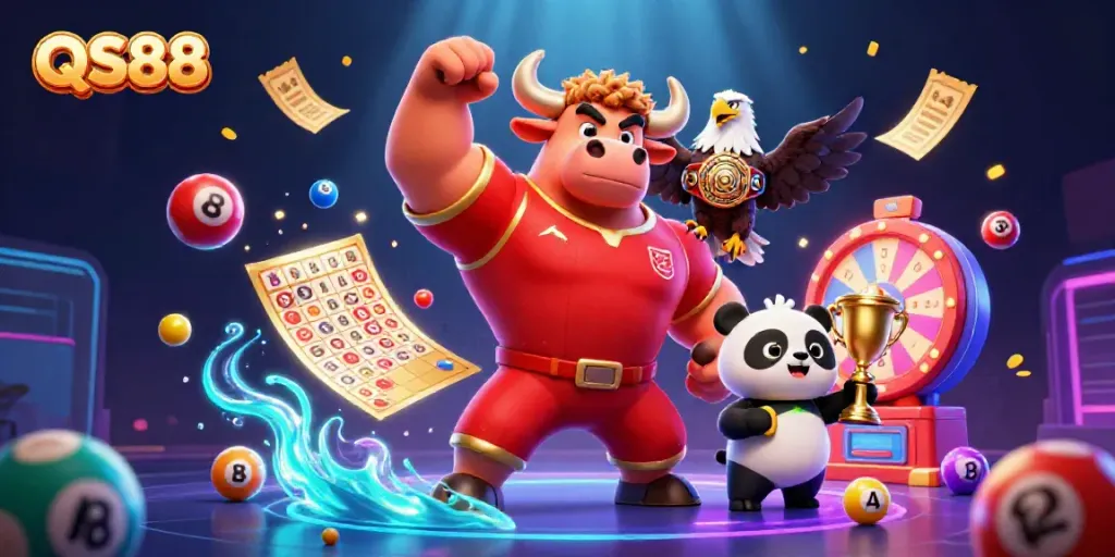 Experience thrilling gameplay at QS88 with lively characters, lottery balls, and exciting prizes!