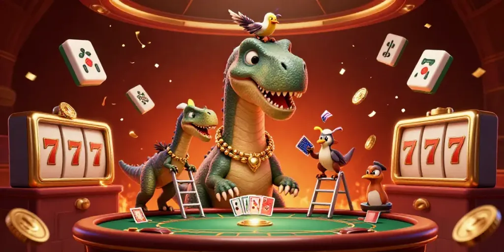 Ilustrasi 3D nona88 dengan dinosaurus dan kartu poker menggambarkan suasana kasino yang meriah.