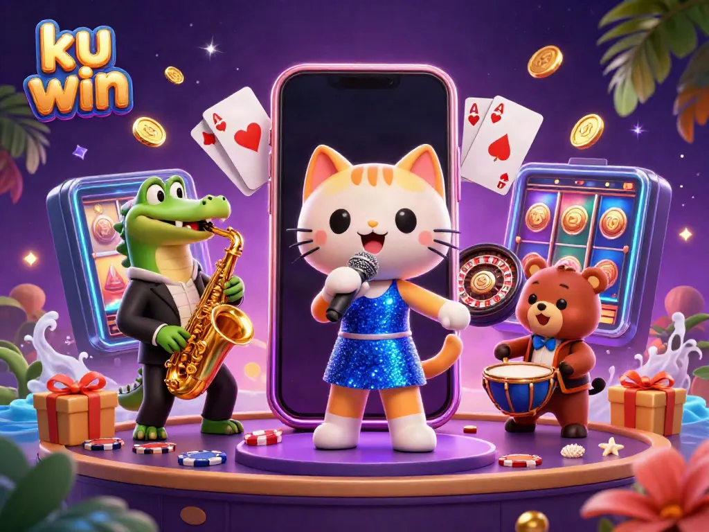 Experience the thrilling world of ku win with vibrant characters and casino games in this captivating illustration.