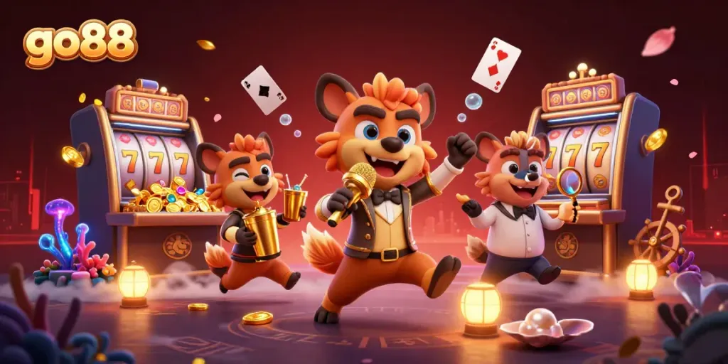 Experience go88's vibrant casino atmosphere with hyenas entertaining guests in a comedy club.