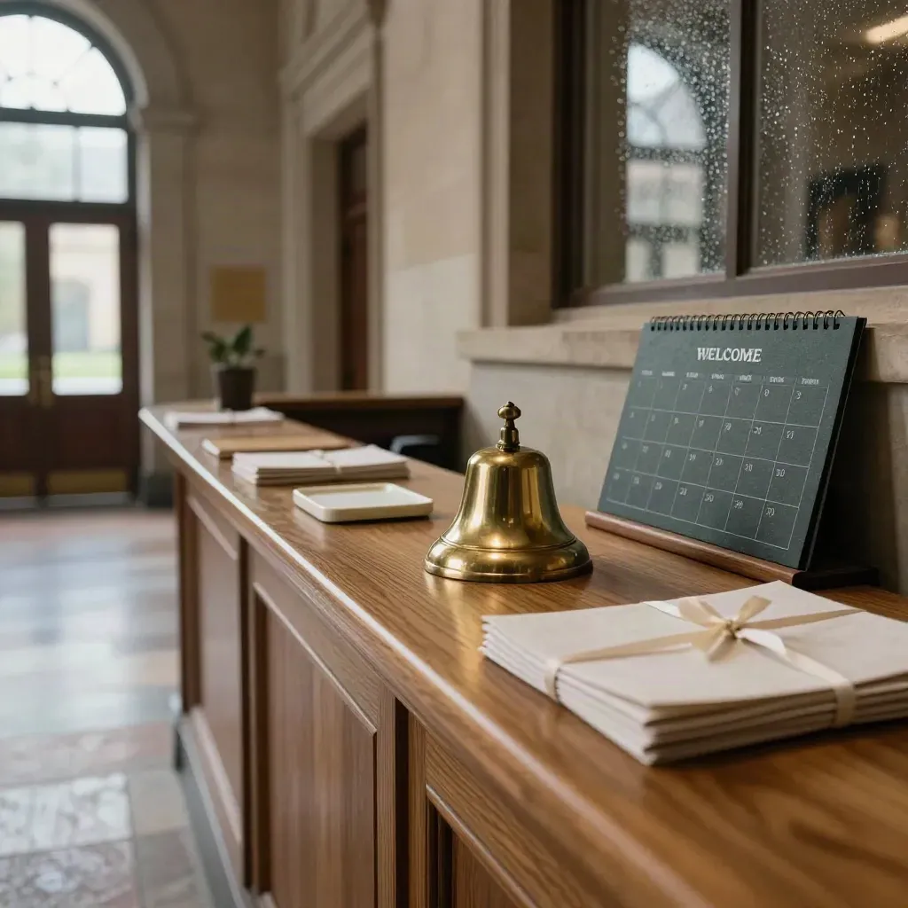 Elegancki hol akademii z ladą, mosiężnym dzwonkiem i teczkami rekrutacyjnymi w porannym świetle