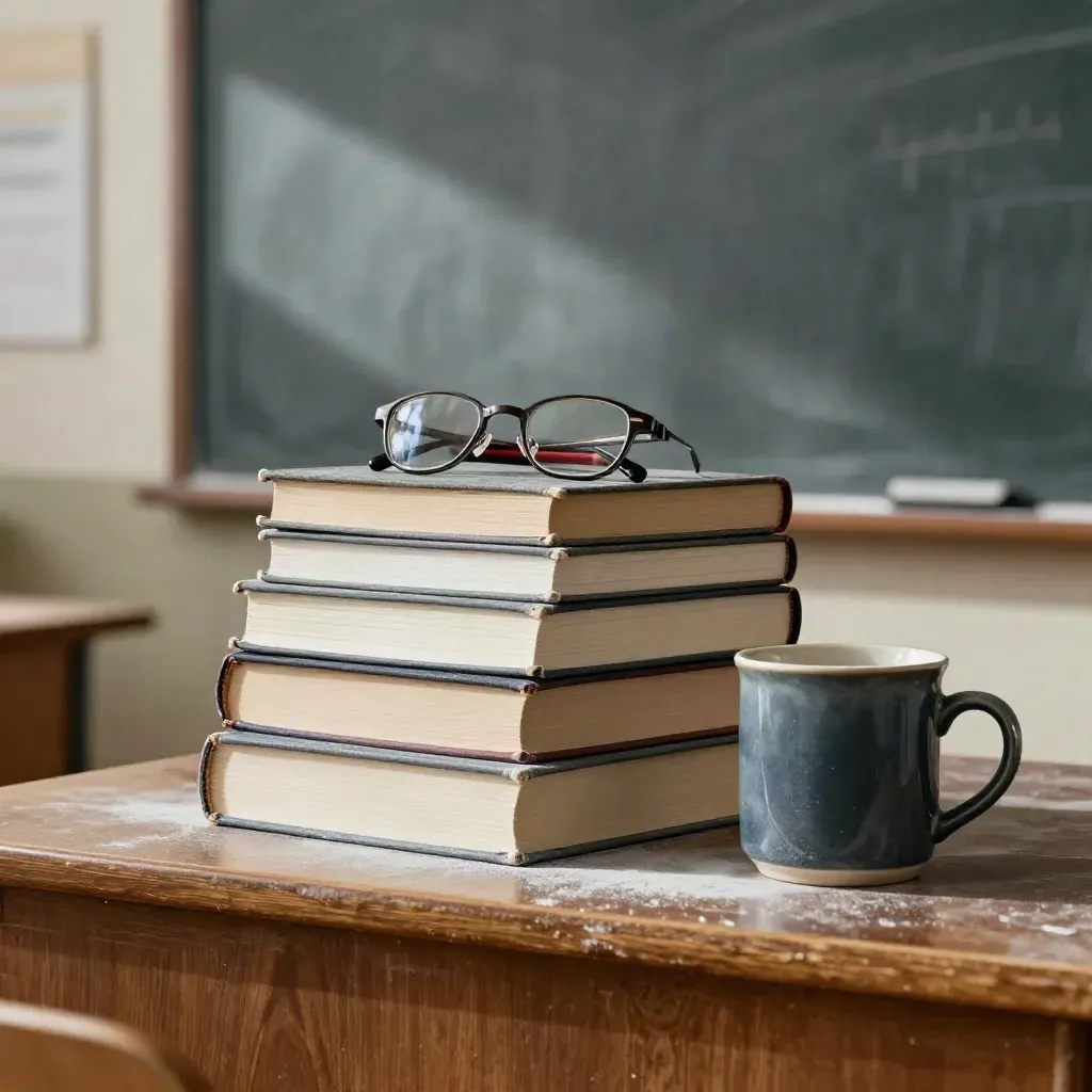 Stos książek nauczycielskich, okulary, ołówek i kubek na szkolnej półce w pyle kredy.