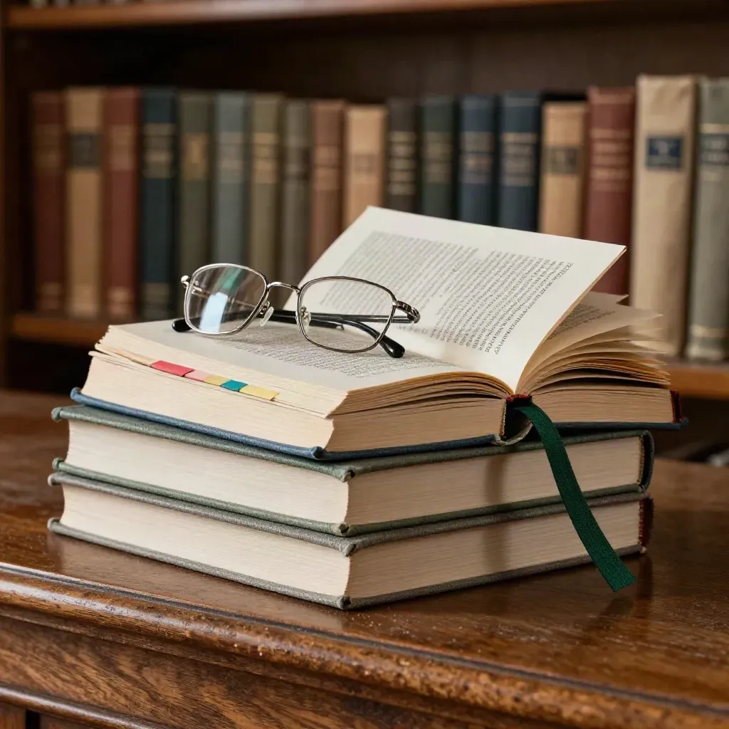 Książki programowe, okulary i zielona zakładka na półce bibliotecznej
