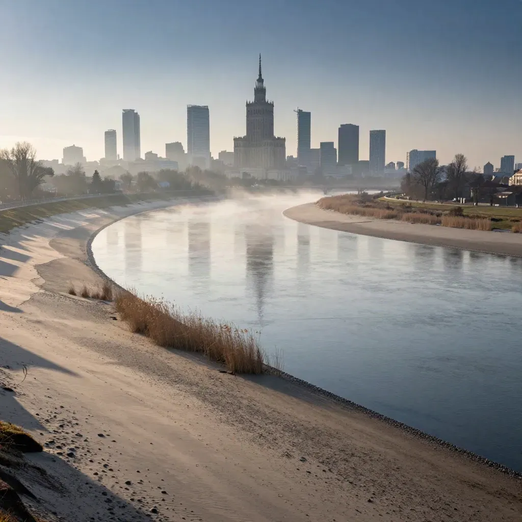 Zamglony zakręt Wisły i panorama Warszawy o poranku.