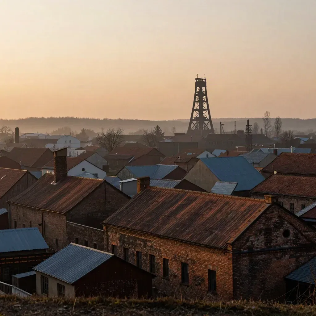 Industrialne dachy Śląska i odległa wieża wyciągowa we mgle o zachodzie słońca
