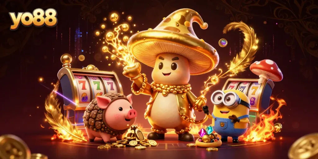 yo88 vibrant casino illustration featuring golden magic, slot reels, and treasures for ultimate wins.