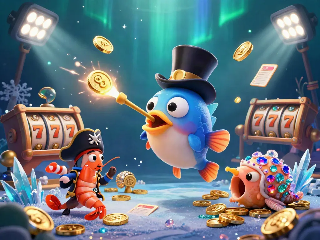 Experience excitement with da88 as a cartoon anglerfish entices golden coins amidst slot reels and casino symbols.