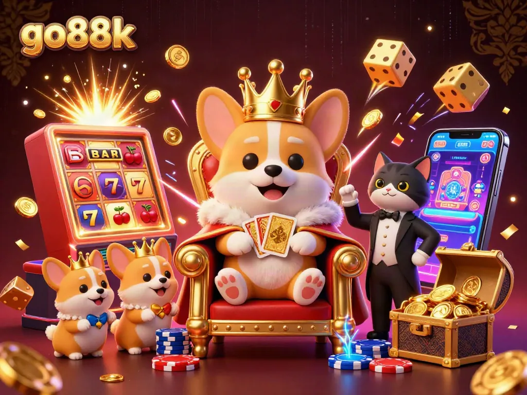 Engage with go88k's vibrant online casino world featuring a royal corgi and exciting game elements.