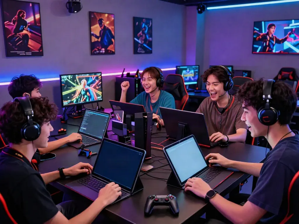 Exciting gaming scene featuring friends enjoying kilat404 multiplayer games in a vibrant lounge.