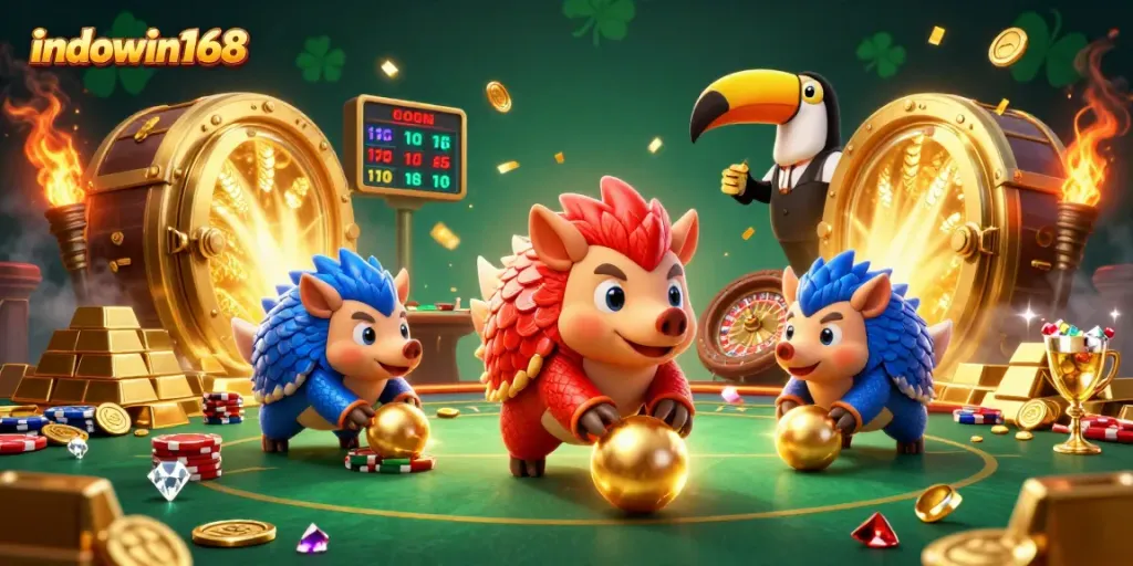 Win big with indowin168 in a vibrant casino scene featuring cartoon pangolins and poker elements.
