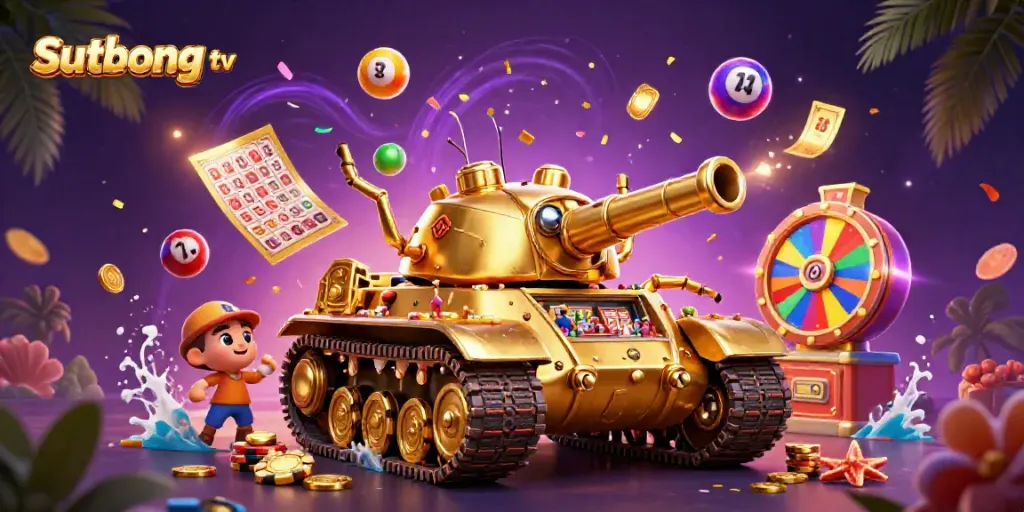 Sutbong tv showcases a vibrant 3D casino scene with dynamic lottery and gaming elements in a rich atmosphere.