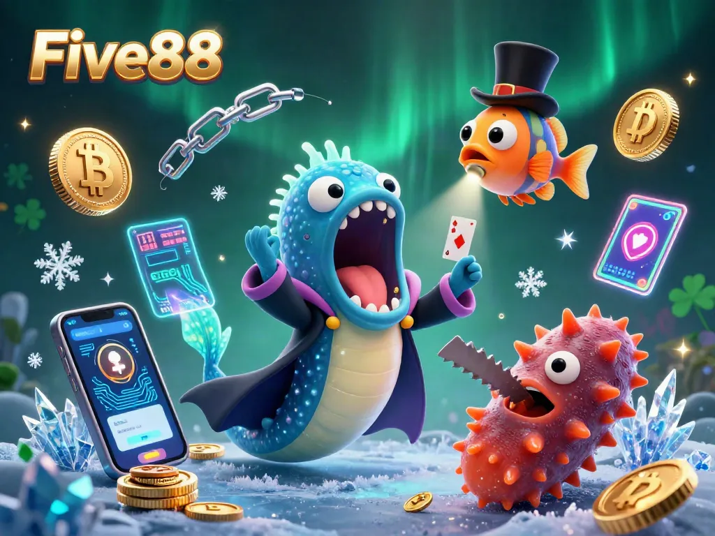 Experience excitement with Five88 in a vibrant casino-themed 3D illustration showcasing magical elements.