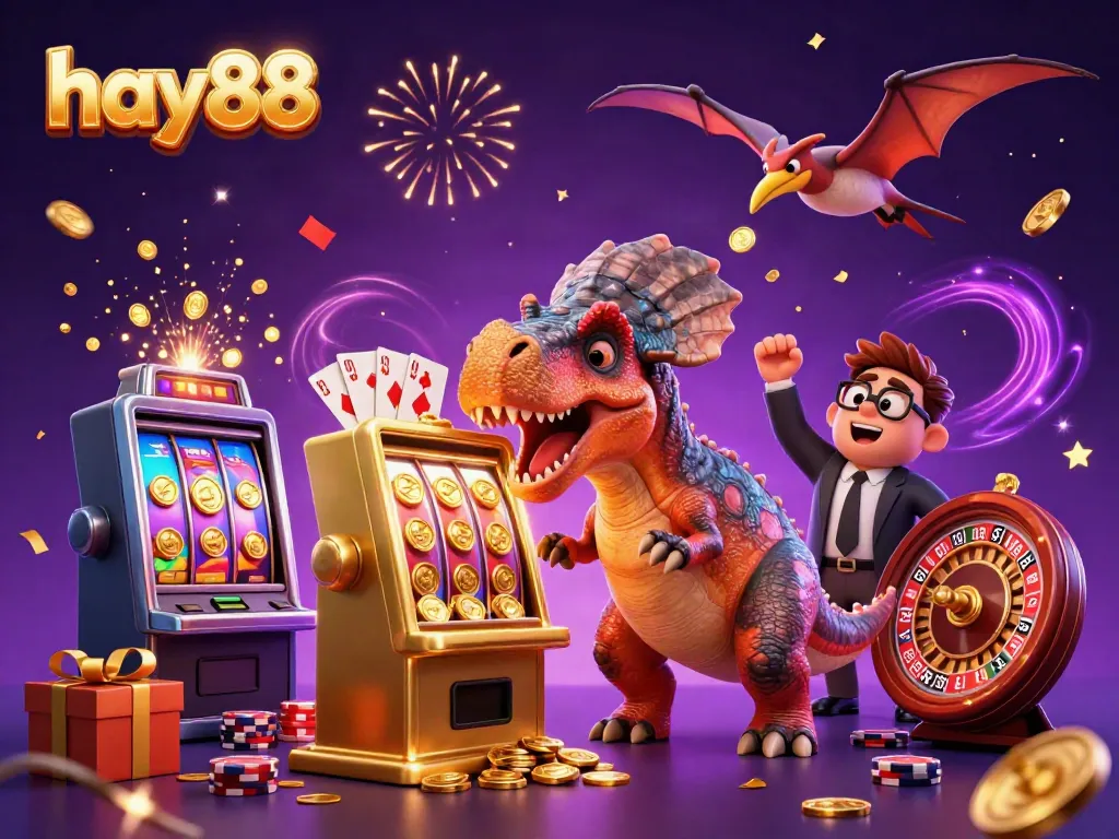 Experience the excitement of hay88 with a pachycephalosaurus winning coins from a slot machine.