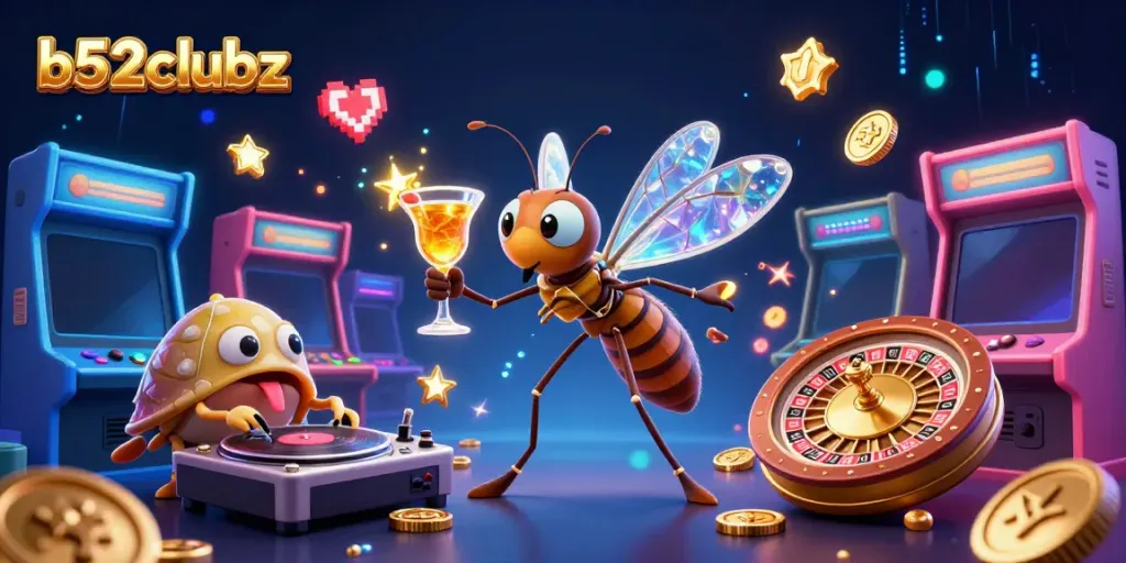 Experience the excitement of b52clubz with unique casino characters in a vibrant digital scene.