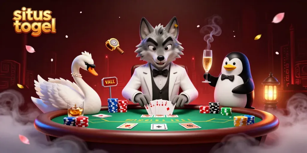 Situs togel scene with playful characters at a lively poker table, showcasing colorful chips and cards.
