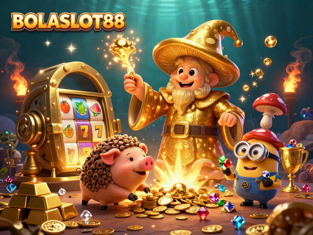 BOLASLOT88 showcases an enchanting 3D casino scene with magical characters and vibrant slots.