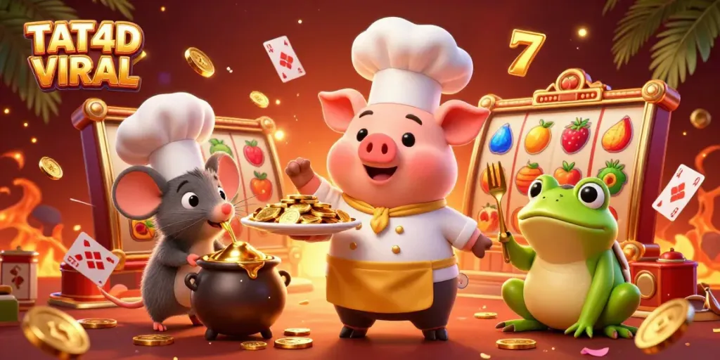 Engage with TAT4D VIRAL's vibrant chef pig serving golden coins in a lively casino scene.