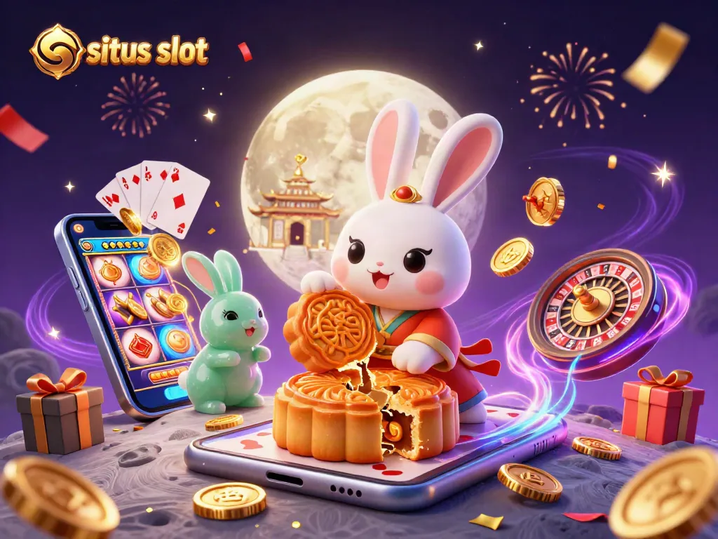 Experience the magic of situs slot with a whimsical moon rabbit amidst casino elements and celebration.