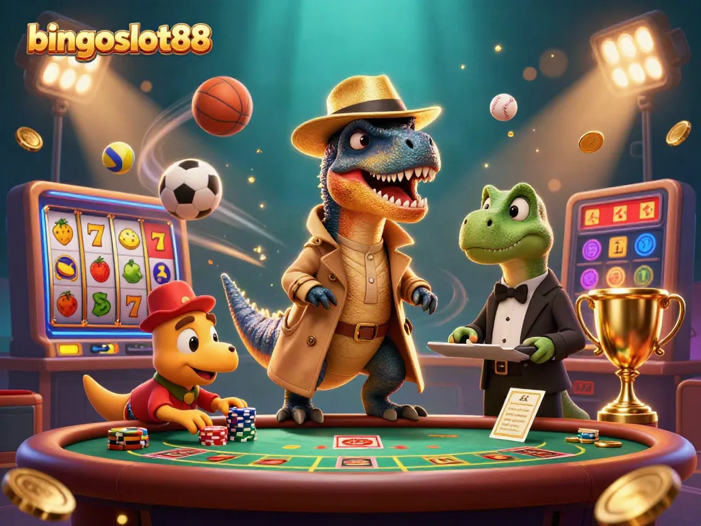Mainkan bingoslot88 dengan ilustrasi kasino 3D yang menampilkan karakter unik dan elemen slot yang menarik.