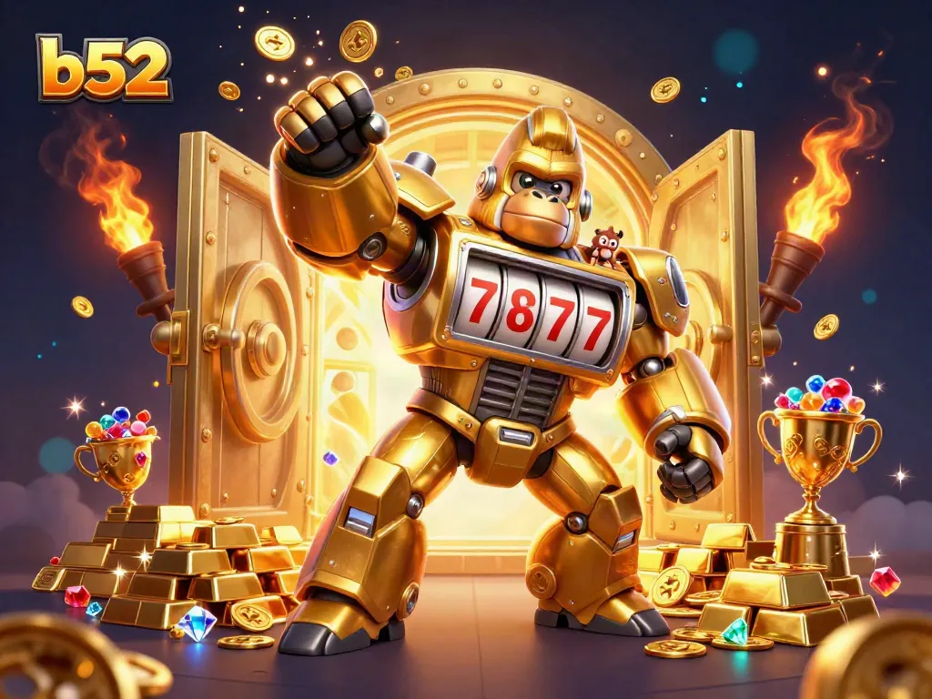 Experience thrilling wins with the b52 gorilla mech amidst gold treasures in a vibrant casino scene.