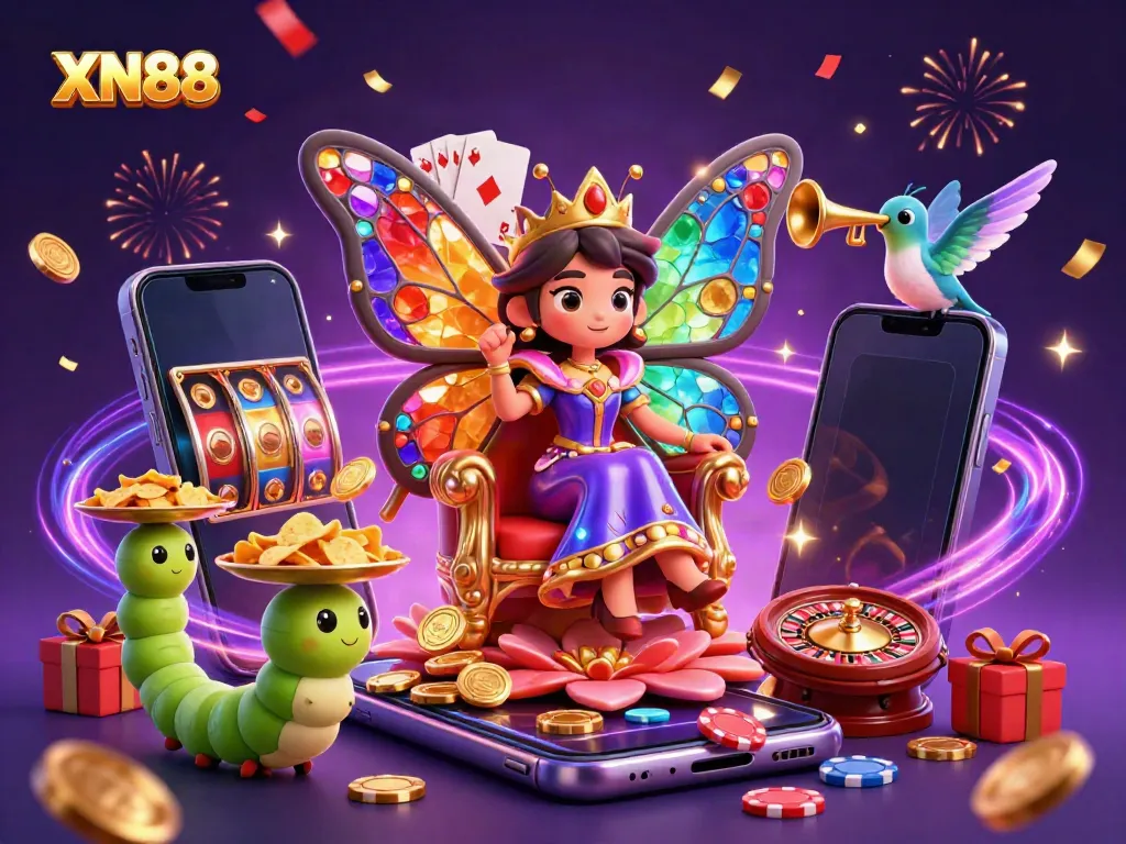 Interact with the colorful slot game experience of XN88, featuring vibrant characters and casino elements.