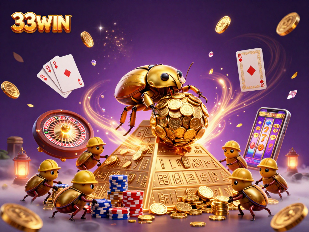 Experience thrilling gambling with 33WIN in this vibrant 3D casino scene showcasing winning elements.