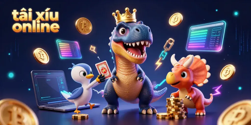 Engage in exciting tài xỉu online gameplay with a T-Rex shuffling cards and a pterodactyl assisting in this dynamic scene.