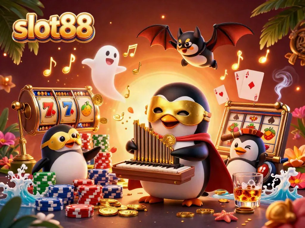 Experience immersive slot88 gameplay with the phantom opera penguin in a vibrant casino scene.